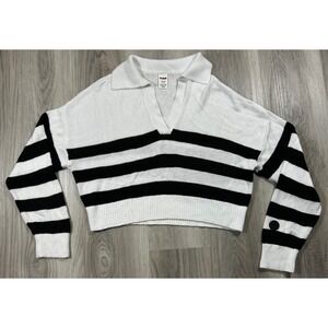 PINK Victoria's Secret Womens Striped Cropped Polo Sweater White Black XS preppy
